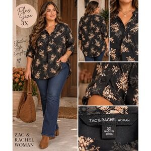 Zac & Rachel Woman Plus 3X Floral Roll Tab Sleeve Split Neck Blouse Black Tan